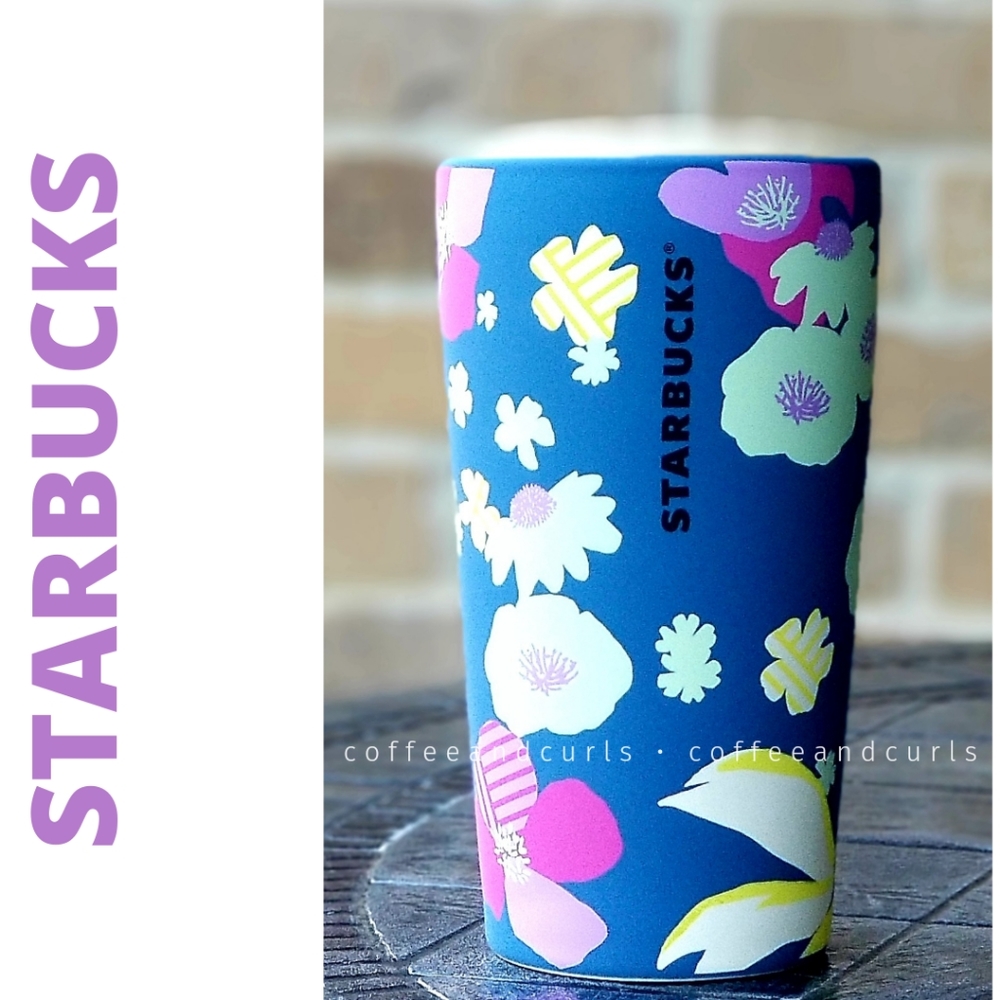 Starbucks Sunflower Poppy Floral Blue Ceramic 12oz Tumbler NWT
